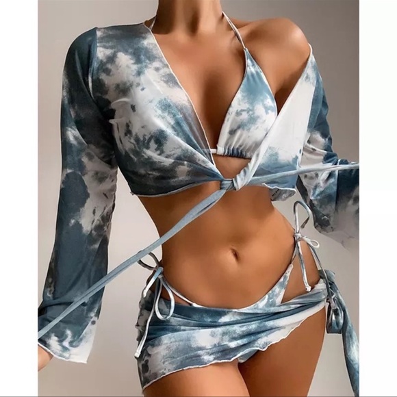 Baby Blue Boho Beachy Tie Dye 4 Piece Bikini Set - Picture 2 of 5